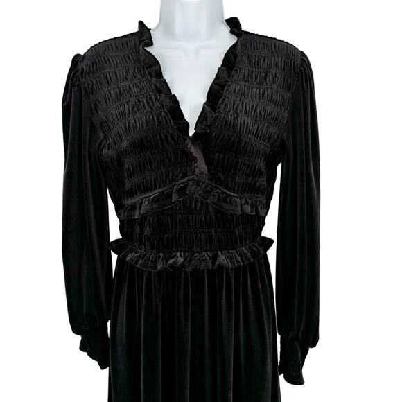 Blu Pepper Velvet Black Smocked Ruffle Maxi Dress Size S - Picture 2 of 6